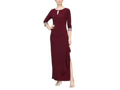 Alex Evenings Long A-line Dress With Embellished Sleeves And Neckline In Purple