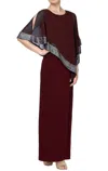 Alex Evenings Long Asymmetrical Cape Overlay Dress In Fig In Multi
