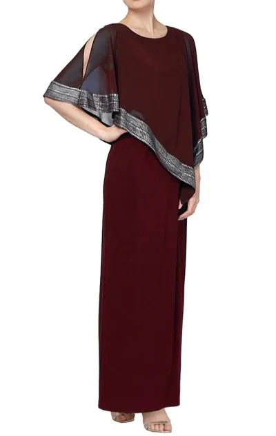 Alex Evenings Long Asymmetrical Cape Overlay Dress In Fig In Burgundy