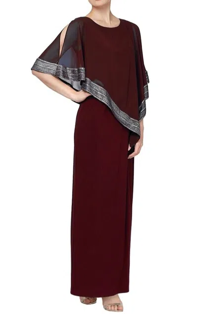Alex Evenings Long Asymmetrical Cape Overlay Dress In Fig In Red