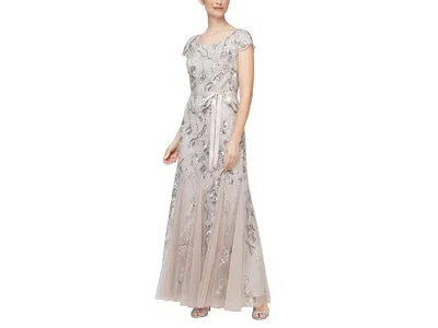 Alex Evenings Long Embroidered Dress With Godet In Gray