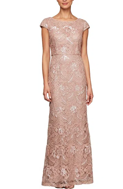 Alex Evenings Long Embroidered Gown With Cap Sleeves In Rose Gold In Multi