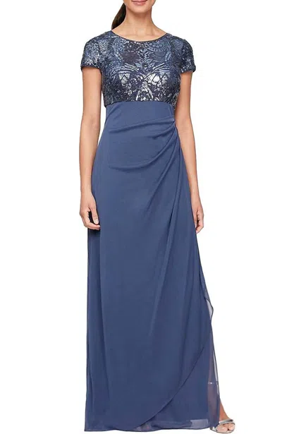 Alex Evenings Long Empire Sequin Side Ruffle Gown In Blue