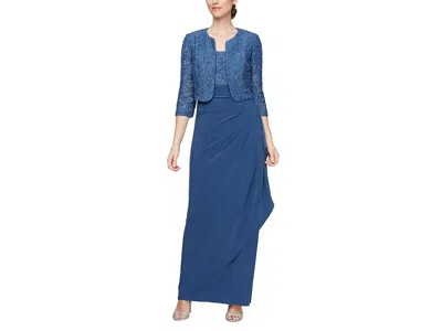 Alex Evenings Long Empire Waist Bolero Jacket Dress Women's Dress Wedgewood: 12 In Blue
