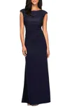ALEX EVENINGS LONG EMPIRE WAIST LACE AND JERSEY GOWN IN NAVY