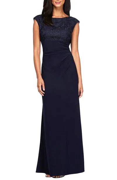 Alex Evenings Long Empire Waist Lace And Jersey Gown In Navy In Blue