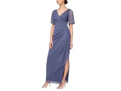 Alex Evenings Metallic Embellished Flutter Sleeve Cocktail Dress In Blue