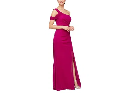Alex Evenings Long Mesh With One Cold Shoulder Sleeve In Pink