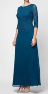 Alex Evenings Long Mock Dress With Lace Bodice In Peacock In Blue