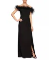 Alex Evenings Long Off-the-shoulder Gown With Maribou Detail In Black In Black