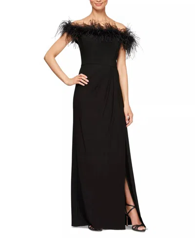 ALEX EVENINGS LONG OFF-THE-SHOULDER GOWN WITH MARIBOU DETAIL IN BLACK