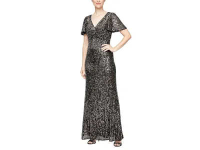 Alex Evenings Long Sequins Gown With Flutter Sleeves And Front Knot Detail In Metallic