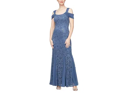 Alex Evenings Long Sequins Lace Dress In Blue