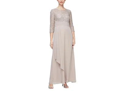 Alex Evenings Long Sequins Lace Empire Waist Dress In Neutral