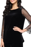 Alex Evenings Sheer Rhinestone Sleeve Velvet Blouse In Black