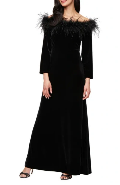 Alex Evenings Maribou Detail Off The Shoulder Long Sleeve Velvet Gown In Black