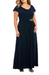 Alex Evenings Matte Jersey Pleated Embellished Side Detail Long Gown In Navy In Blue