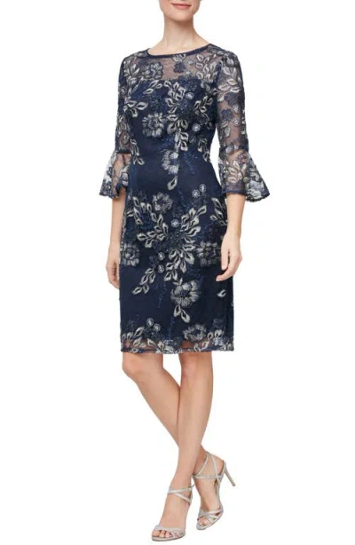 Alex Evenings Metallic Floral Embroidered Sheath Dress In Navy/silver
