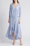 Alex Evenings Metallic Floral High-low Chiffon Jacquard Midi Dress With Jacket In Hydrangea