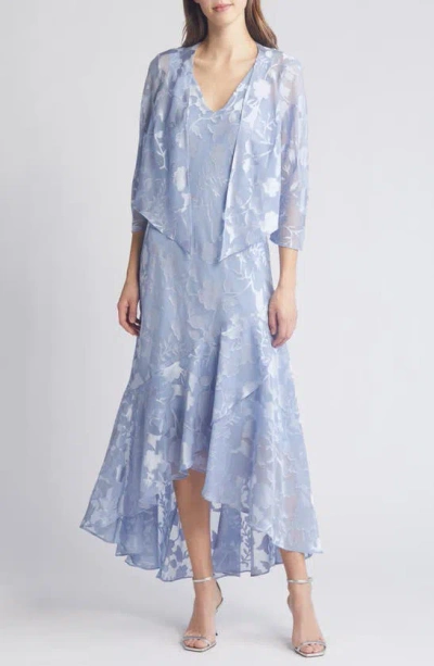 Alex Evenings Metallic Floral High-low Chiffon Jacquard Midi Dress With Jacket In Hydrangea