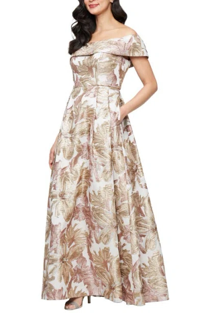 Alex Evenings Metallic Floral Jacquard Off The Shoulder Gown In Multi