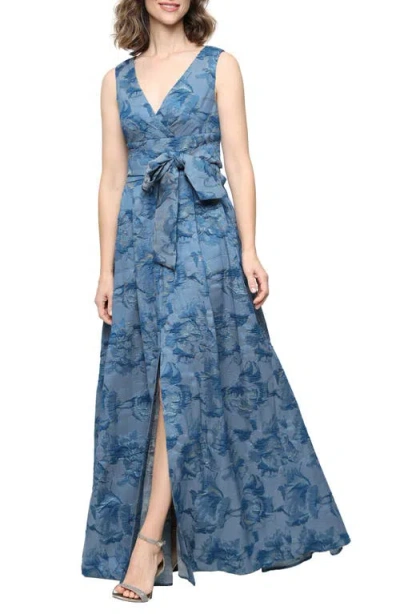 Alex Evenings Metallic Floral Jacquard Sleeveles A-line Gown In Blue