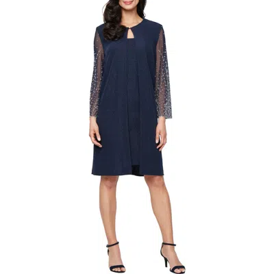 Alex Evenings Metallic Knit Cocktail Dress With Embellished Jacket