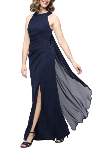 Alex Evenings Metallic Knit Halter Gown In Blue