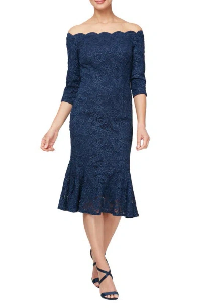 Alex Evenings Metallic Lace Off The Shoulder Midi Dress In Navy