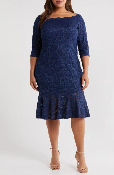 Alex Evenings Metallic Lace Off The Shoulder Sheath Dress In Navy