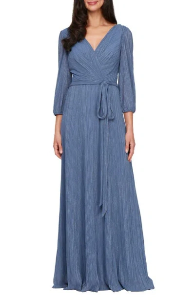 Alex Evenings Metallic Micro Pleated Mesh Gown In Blue