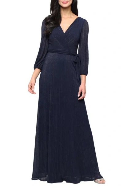 Alex Evenings Metallic Micro Pleated Mesh Gown In Blue
