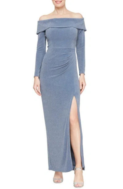 Alex Evenings Metallic Off The Shoulder Long Sleeve Gown In Wedgewood