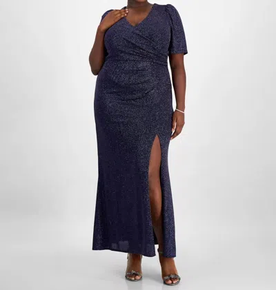 Alex Evenings Metallic-knit Surplice-neck Gown In Navy In Blue