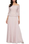 Alex Evenings Mixed Media Off The Shoulder Gown In Blush