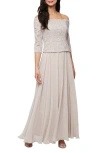 Alex Evenings Mixed Media Off The Shoulder Gown In Taupe