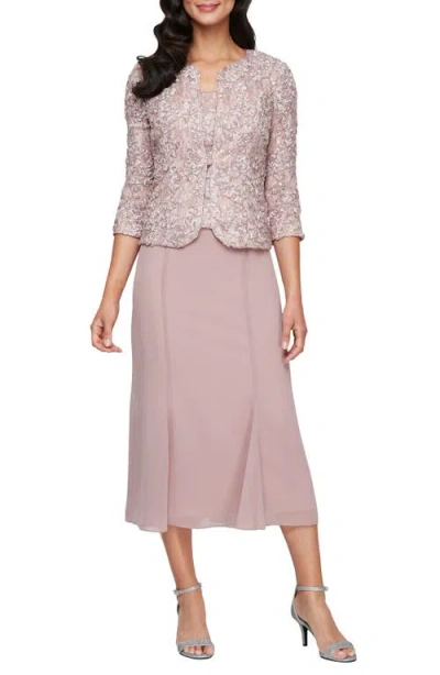 Alex Evenings Mixed Media Sequin Soutache Lace Cocktail Dress With Jacket In Mauve