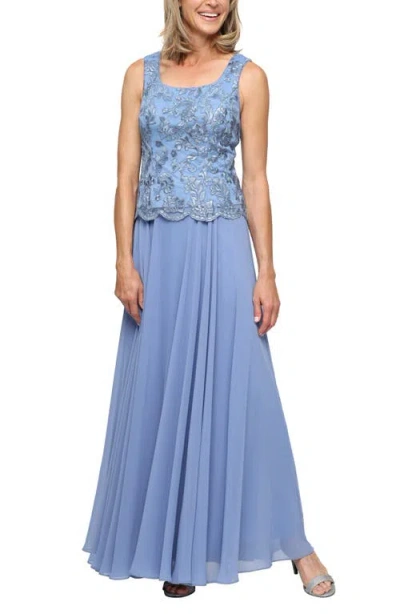 Alex Evenings Mixed Media Sleeveless Gown With Embroidered Jacket In Blue