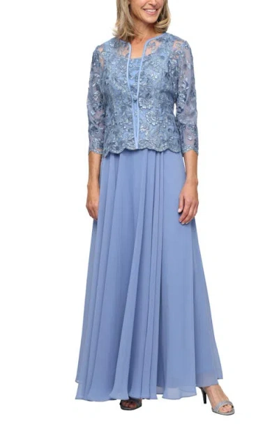 Alex Evenings Mixed Media Sleeveless Gown With Embroidered Jacket In Blue