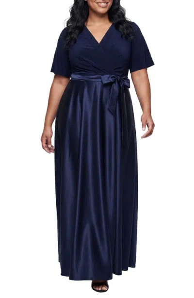 Alex Evenings Mixed Media Surplice Neck Gown In Navy