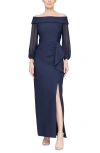 Alex Evenings Petite Off-the-shoulder Ruffle Gown In Navy