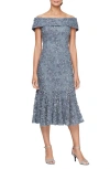 Alex Evenings Off The Shoulder Midi Cocktail Dress In Pewter