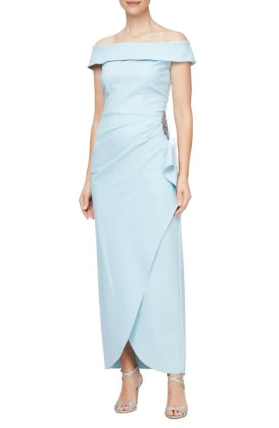 Alex Evenings Off The Shoulder Side Swept Evening Gown In Light Blue