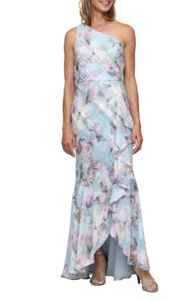 Alex Evenings One-shoulder Floral Print Burnout Chiffon Gown In Multi