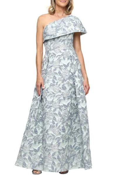 Alex Evenings One-shoulder Floral Print Jacquard Gown In Blue