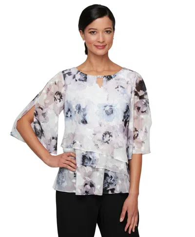 Alex Evenings Petite 3/4-sleeve Ruffle Blouse In Ivory Mult