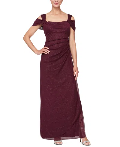 Alex Evenings Petite Cold-shoulder Draped Metallic Gown In Burgundy