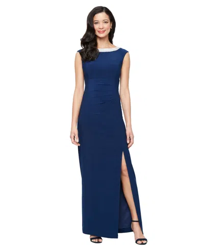 Alex Evenings Petite Embellished Collar Jersey Formal Dress In Blue