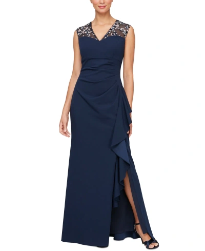 Alex Evenings Petite Embellished Illusion-yoke Gown In Navy Pink