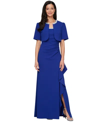 Alex Evenings Bead Detail Stretch Crepe Gown With Bolero Jacket In Royal